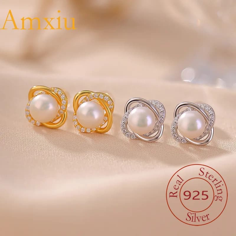 Amxiu Orecchini in argento sterling 925 con perle d'acqua dolce naturali S in argento puro placcato in oro Mobius Light Luxury High-End