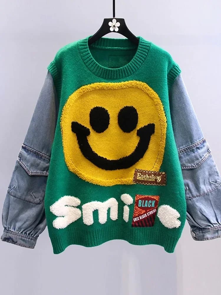 Maglione allentato con volto sorridente Top da donna Manica in denim Girocollo Pullover Maglioni Moda invernale Streetwear Maglieria chic ed elegante