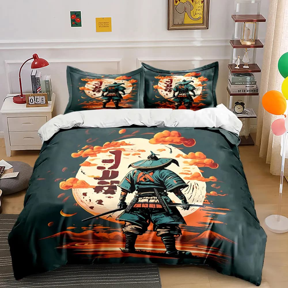 Set di decorazioni artistiche Samurai, set di biancheria da letto con copripiumino morbido e confortevole, include 1 copripiumino e 2 federe, regalo