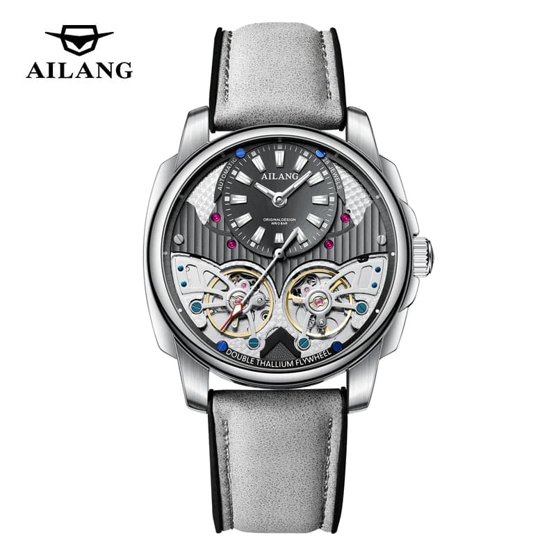 AILANG Orologio meccanico di lusso serie Double Tourbillon per uomo Cinturino in pelle moda Orologi scheletrati automatici impermeabili da uomo