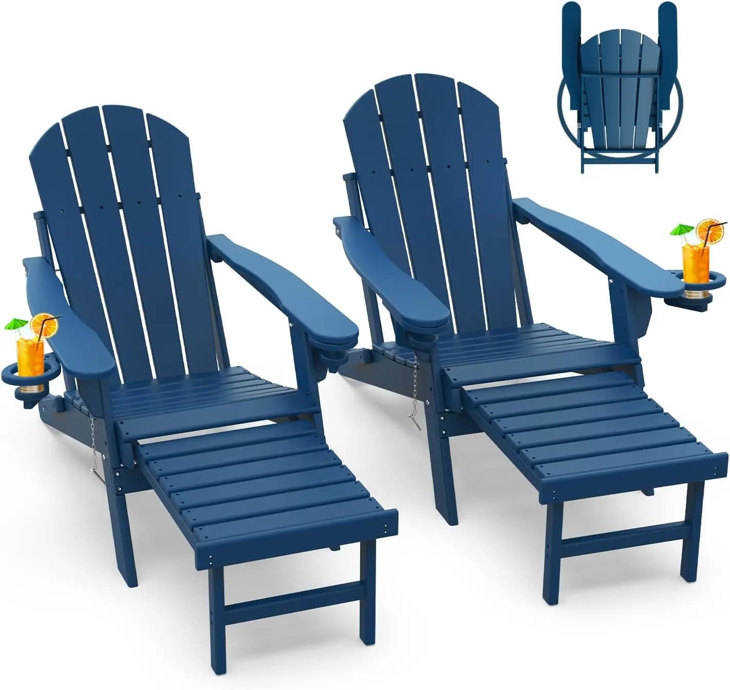 Sedie Adirondack con Poggiapiedi | Set di 2 | Sedia pieghevole con poggiapiedi retrattile, in plastica HDPE, per braciere, resistente a tutte le condizioni atmosferiche, con portabicchieri