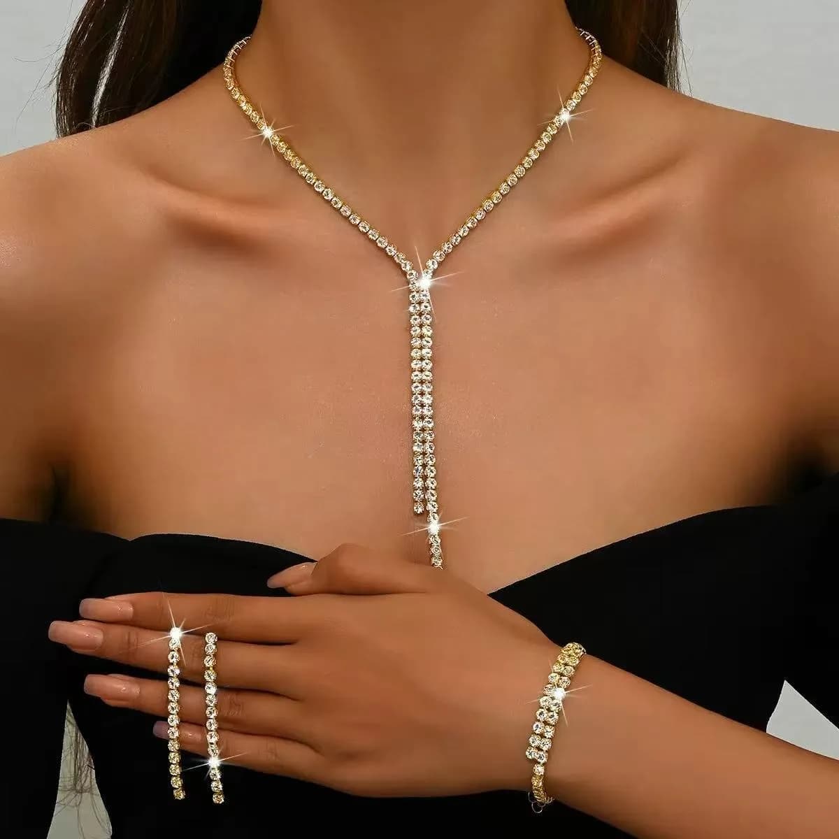 Set di collana, orecchini e bracciale con strass, eleganti gioielli da cerimonia per donna