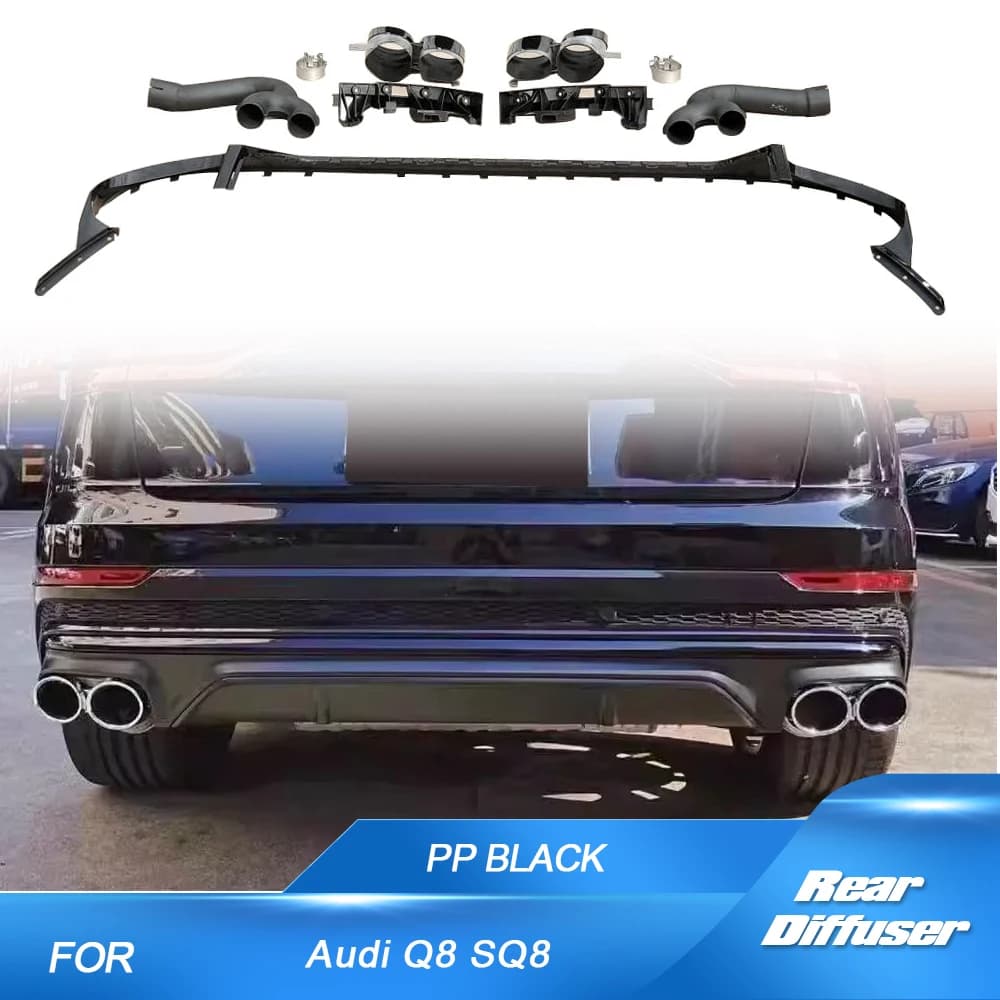 For Audi Q8 SQ8 2019-2023 Car Rear Bumper Diffuser Lip Rear Bumper Protection PP Rear Diffuser Lip With Exhaust Muffler Tips