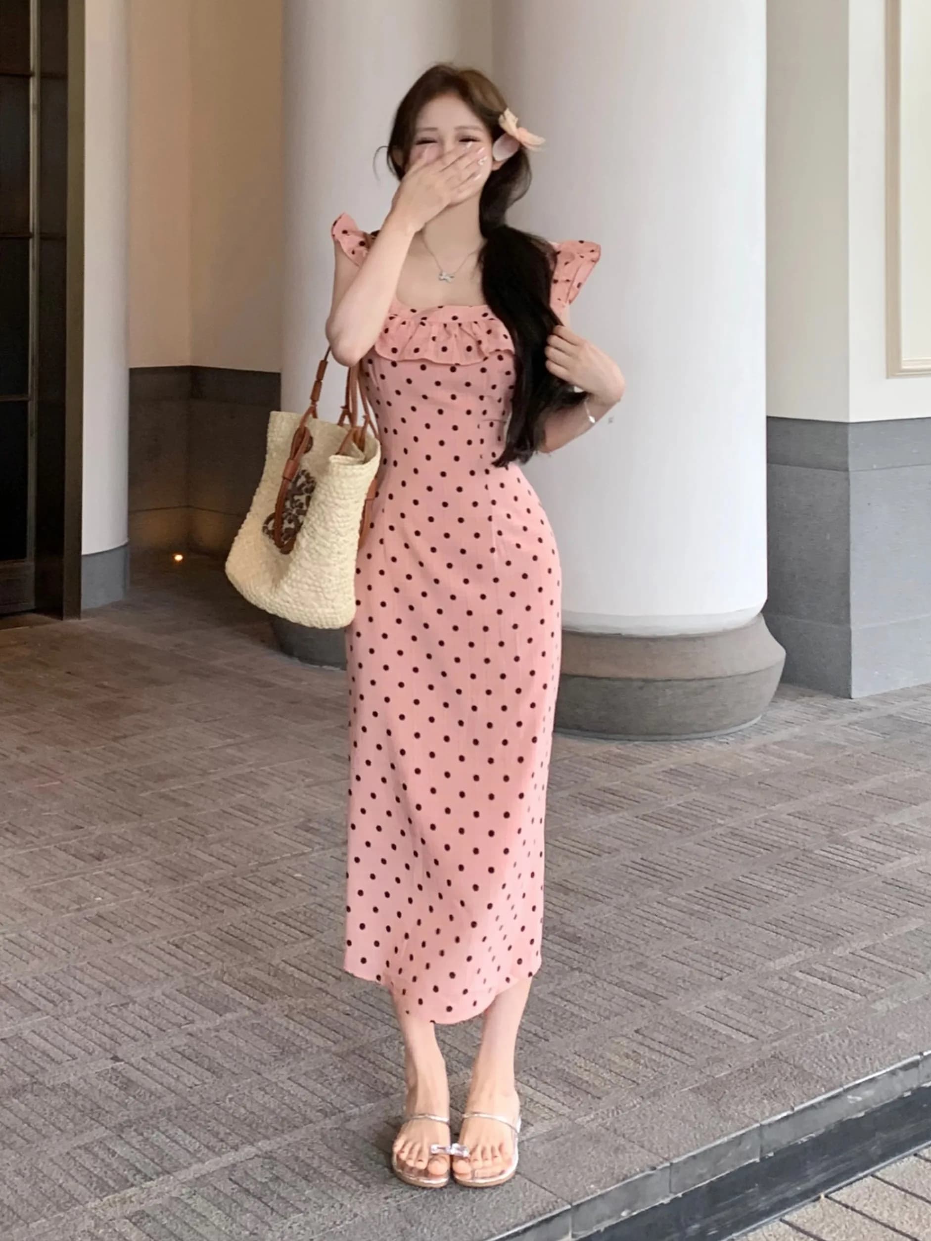 Summer Slimming Polka Dot Strapless Long Dress Women's Elegant Gentle Pure Desire Waist Cinched Bodycon Skirt A-Line Skirt