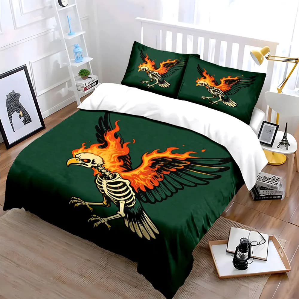 Set decorativo Fiery Skull Bird Decor Set, morbido e confortevole set di biancheria da letto con copripiumino, include 1 copripiumino e 2 federe, regalo