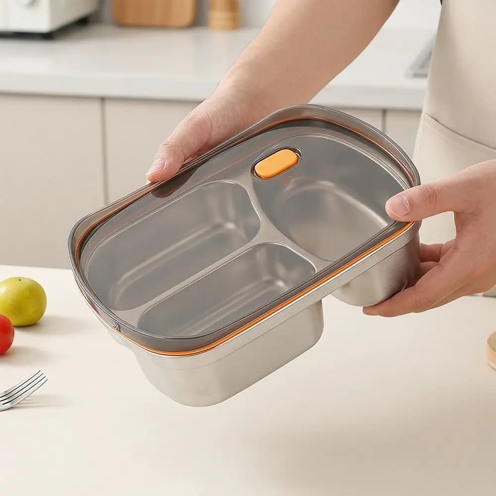 Contenitore per Pranzo in Acciaio Inox 304 con 2/3 Scomparti, Coperchio Sigillato, Piatto Diviso, Design Portatile a Prova di Perdite