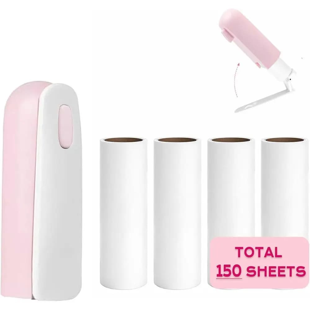 Compact Portable Pet Hair Remover with Cover, Clothes, Travel, Small Foldable Lint Roller for Car Bag Essentials (Pink)