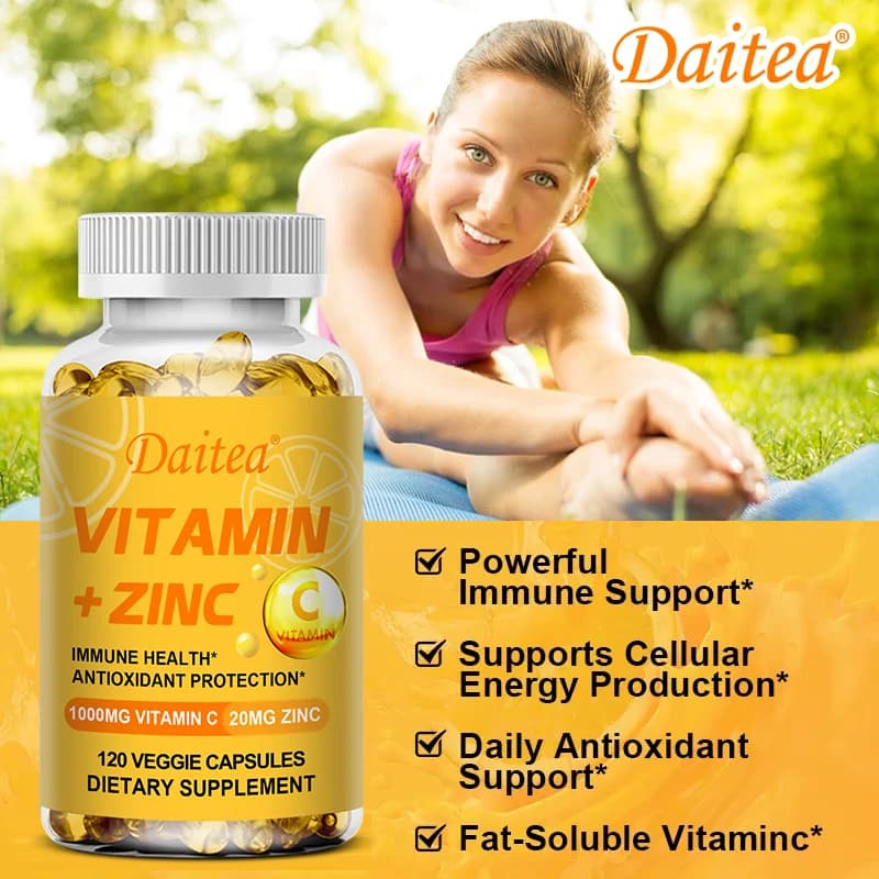 Vitamin C supplement + zinc - immune system and energy levels, antioxidant, improves body resistance - 120 capsules