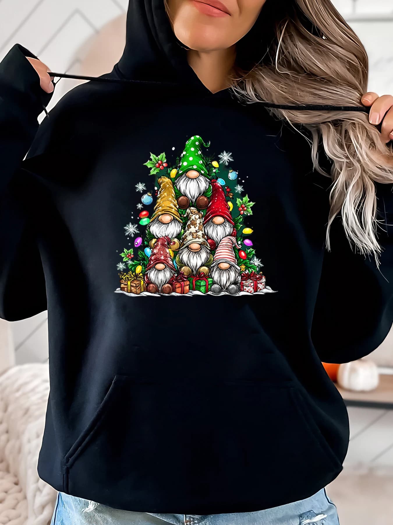 Hoodie with Christmas Gnome Tree Printing for Holiday Casual Clothing Women Black Plus Size
