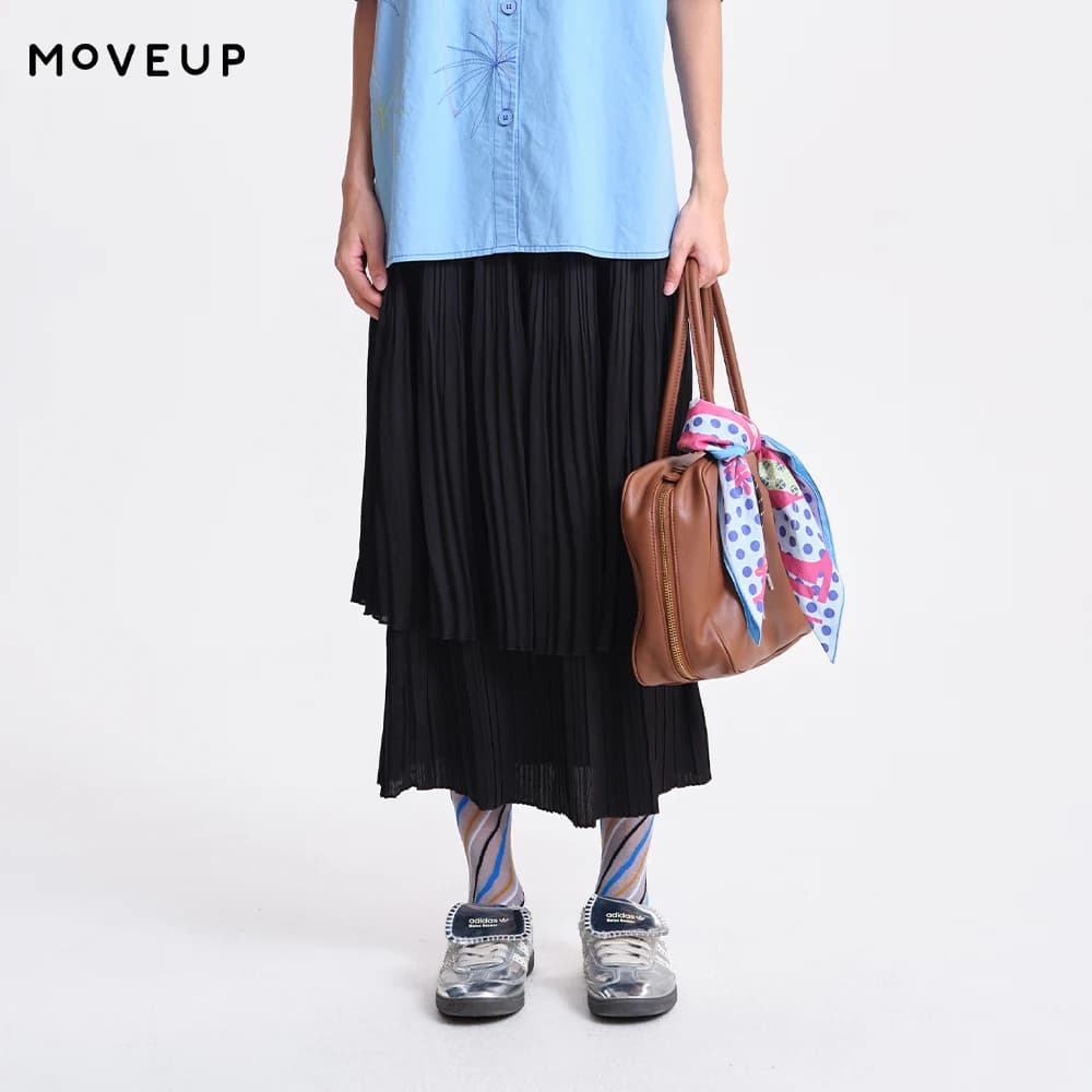 Gonna Midi Plissettata a Righe Khaki da Donna MOVEUP, Nuova Collezione Primavera 2026, Vita Alta Elastica, Doppio Strato, Casual, Modello A-Line 3ELC20603
