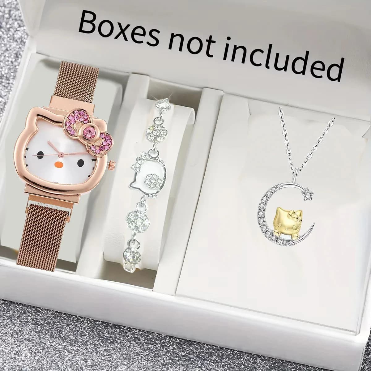 3 pcs/set Kawaii Hello Kitty metal women's watches with diamonds woman's watch birthday gifts for students with necklace and bracelet