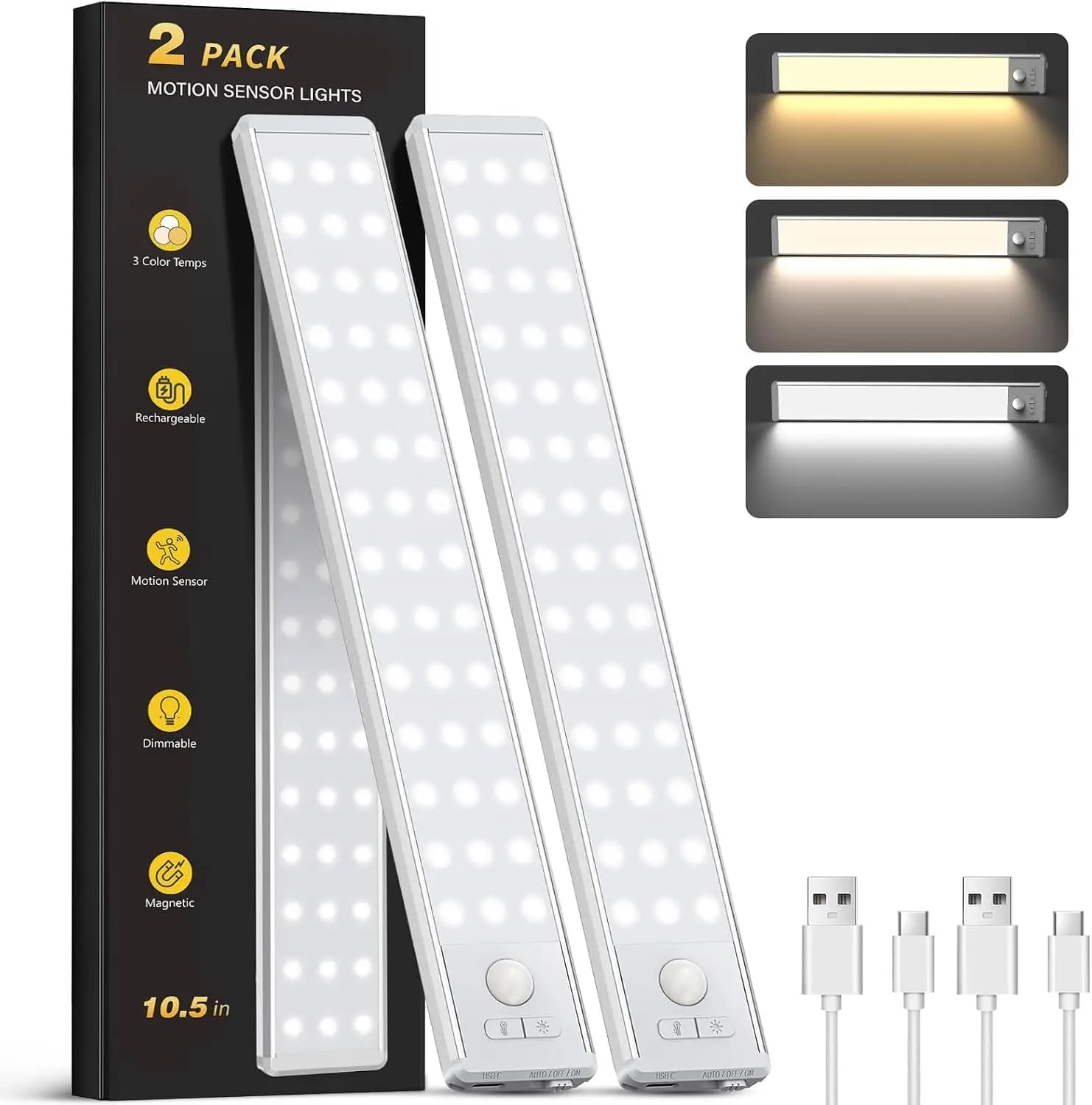 10.5" Rechargeable Motion Sensor Light, 3 Color Temps Dimmable, Magnetic Mount, 2-Pack for Kitchen Closet Stairs