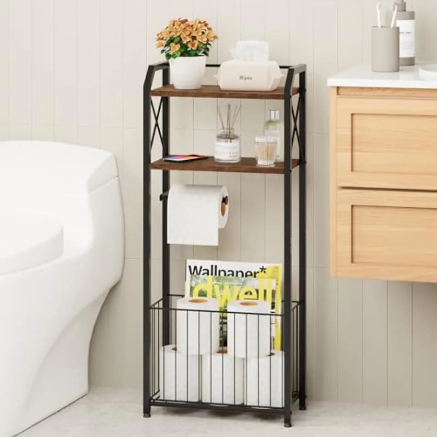 Portarotolo da terra - Organizzatore per carta igienica a 4 livelli con ripiani in legno e cesto grande, porta rotolo da bagno