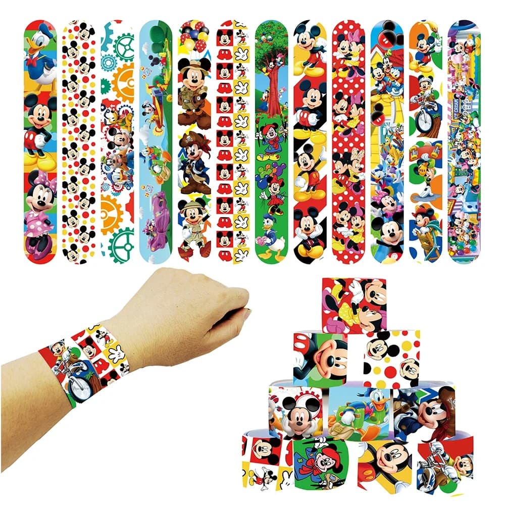 12pcs Disney Mickey Mouse Series Slap Bracelet Pvc Snap Circle Cartoon Pat Circle Bracelet Children Fun Gifts Birthday Gifts