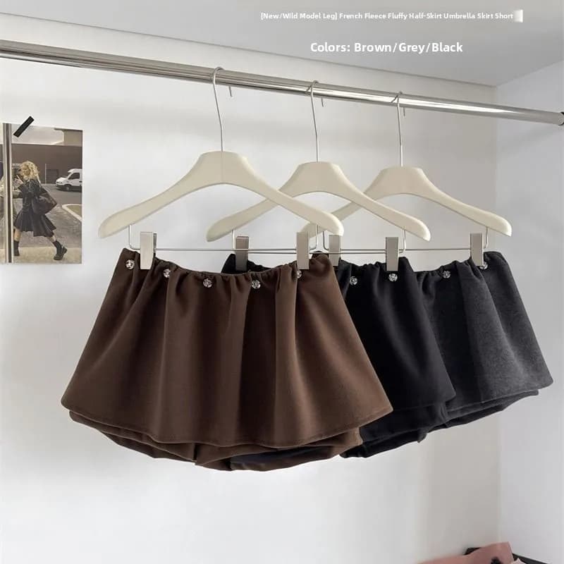 Retro Spicy Girl High Waist Puffy Skirt Women's Outerwear Warm Polyester A-Line Skirt Korean Style Pure Color Daily Wear