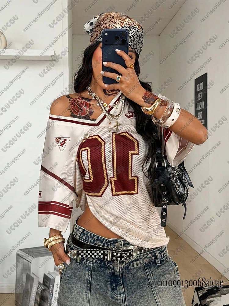2026 Summer New Retro No.10 Print T-Shirt For Women V-Neck Short Sleeve Sports Football Jersey Y2K Oversized Tops