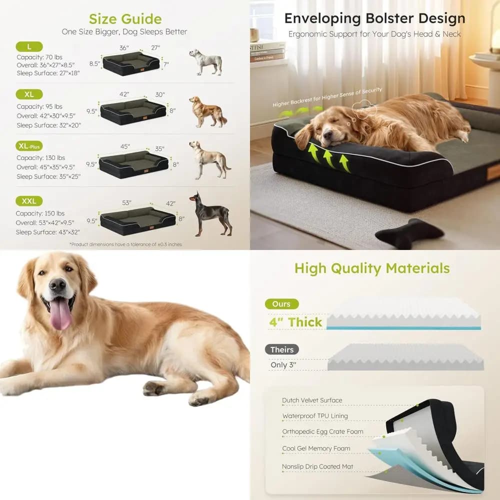 Letto per cani XL ortopedico con schiuma gel rinfrescante, copertura impermeabile rimovibile, 42 divani in velluto nero, include giocattolo osseo