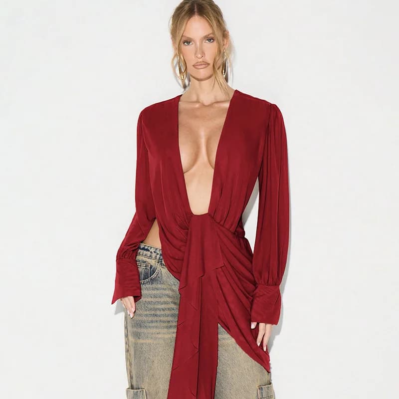 V Neck Mesh Tops Solid T Shirts 2026 Fall Luxury Clothes Fashion Women Elegant Pleated Sexy Ladies Backless Chic Tops Blouses