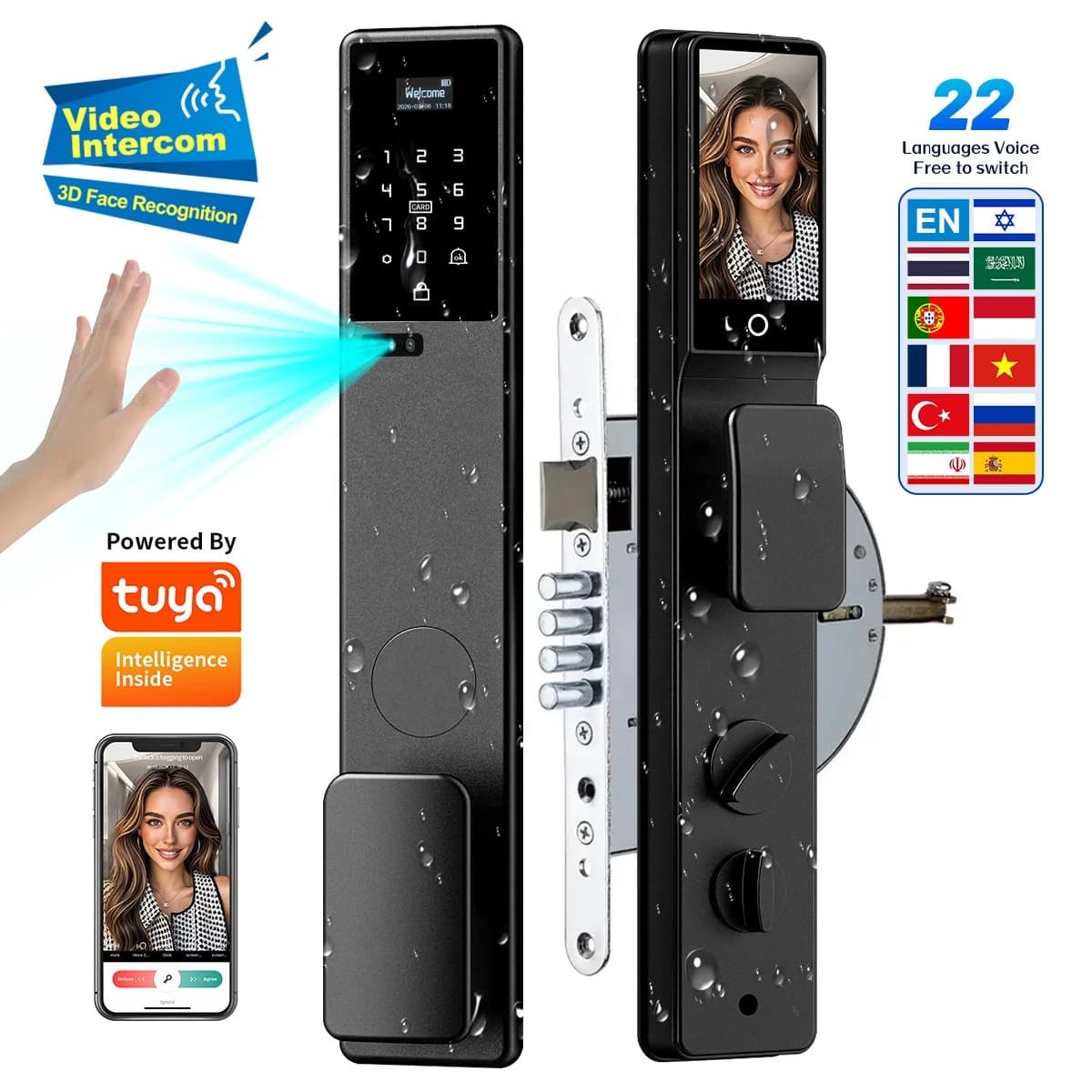 HanDaily Waterproof 3D Face Recognition Palm Face Recognition Door Lock Video Talking Tuya Smart Locks with Israeli Mortise