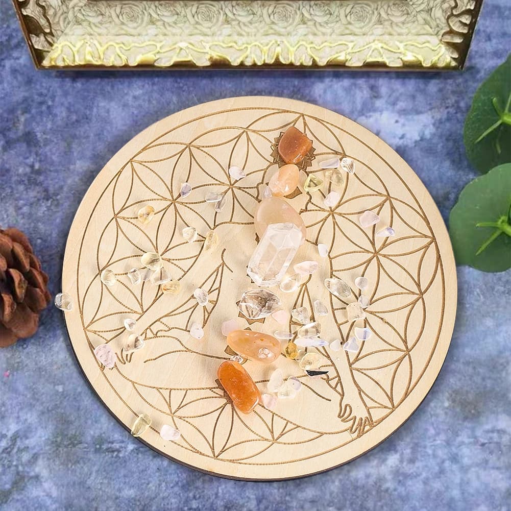 Pannello a pendolo in legno con fiore della vita, piatto di decisione di meditazione dei sette chakra, decorazione metafisica dell'altare