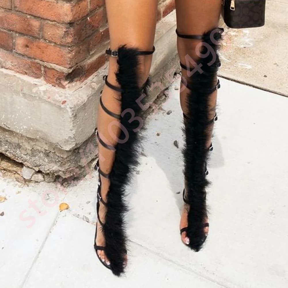 Sexy Ladies Hollow Plush Boots Black Fashion Women Party Strappy Stage Boots Models Catwalk Over Knee Belt Buckle Stiletto Heels