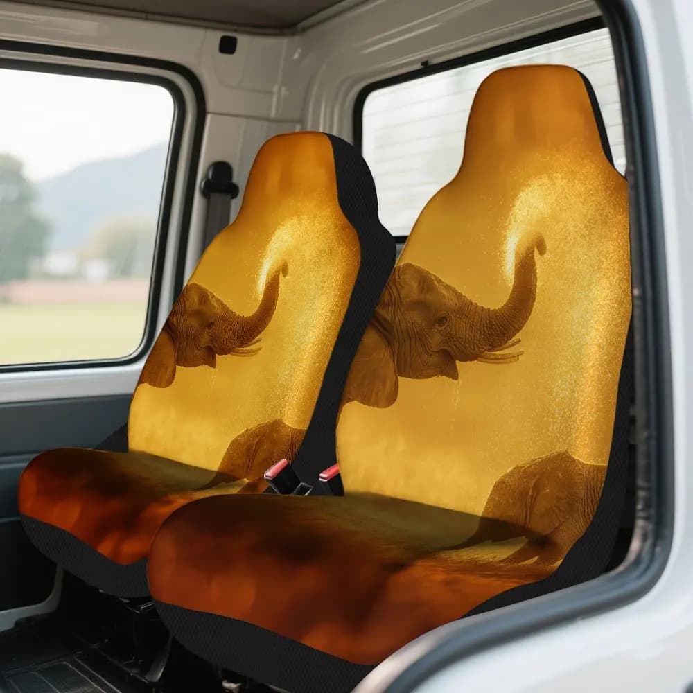2pcs Golden Elephant Print Car Seat Covers – Fit Front Seat Protectors For Cars, SUVs & Sedans, Durable, Easy To Install, Enhan