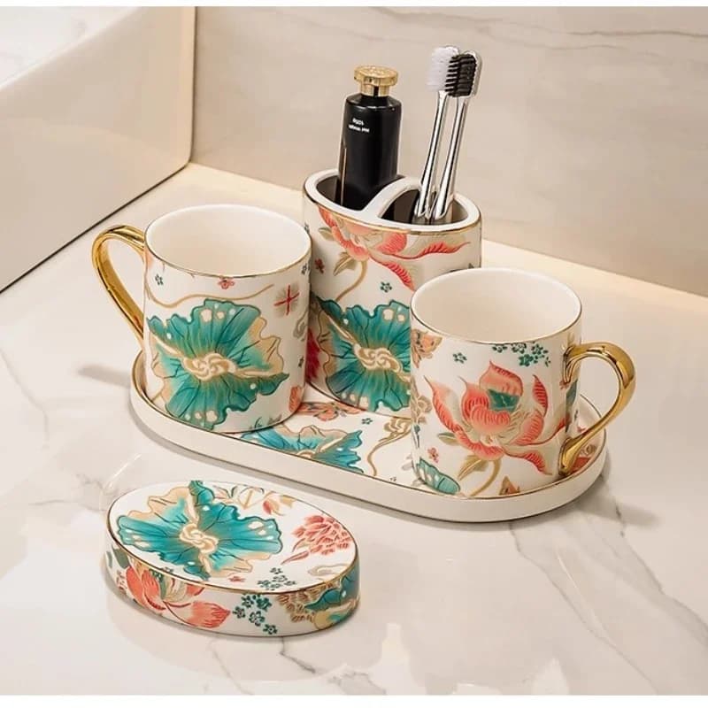 China-Chic Set di tazze per collutorio in ceramica blu e bianca Set di servizi igienici per la casa Set di tazze per spazzolino da denti per coppie Decorazioni per il bagno