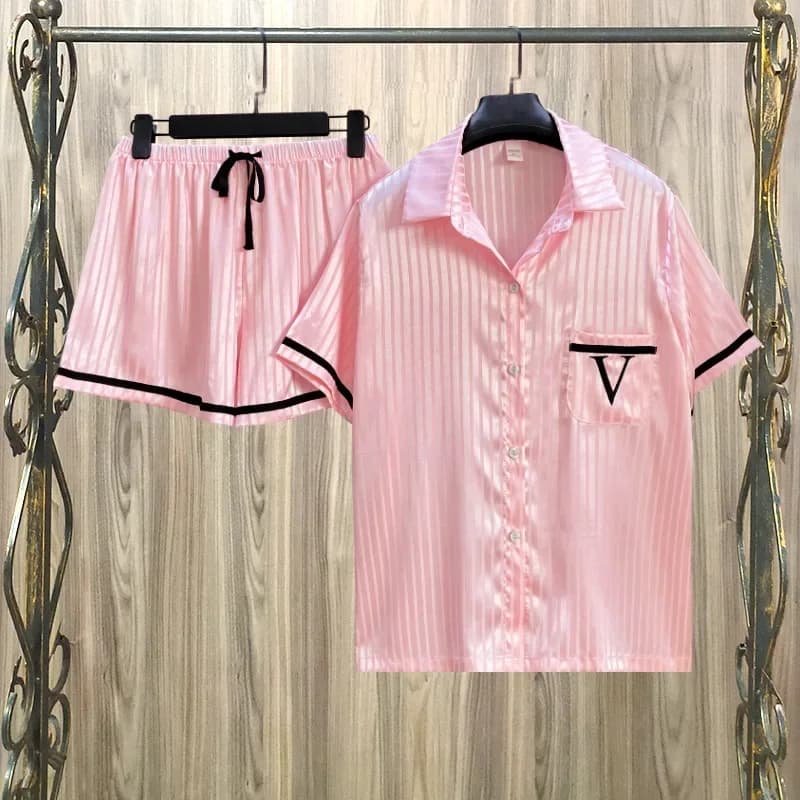 Nuove donne 2 pezzi set indumenti da notte in raso abito da casa punto d'onda camicia a maniche corte e pantaloncini pigiama set indumenti da notte estivi loungewear