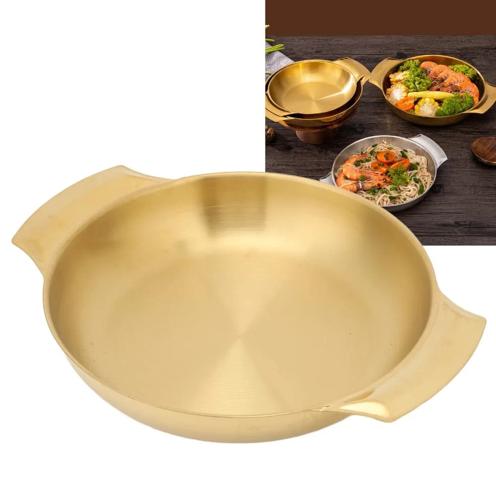 Padella per Paella in Acciaio Inossidabile, Resistente al Calore, Dorata, con Doppio Manico Sicuro, Ciotola per Noodle Istantanei, Pentola per Hot Pot di Frutti di Mare