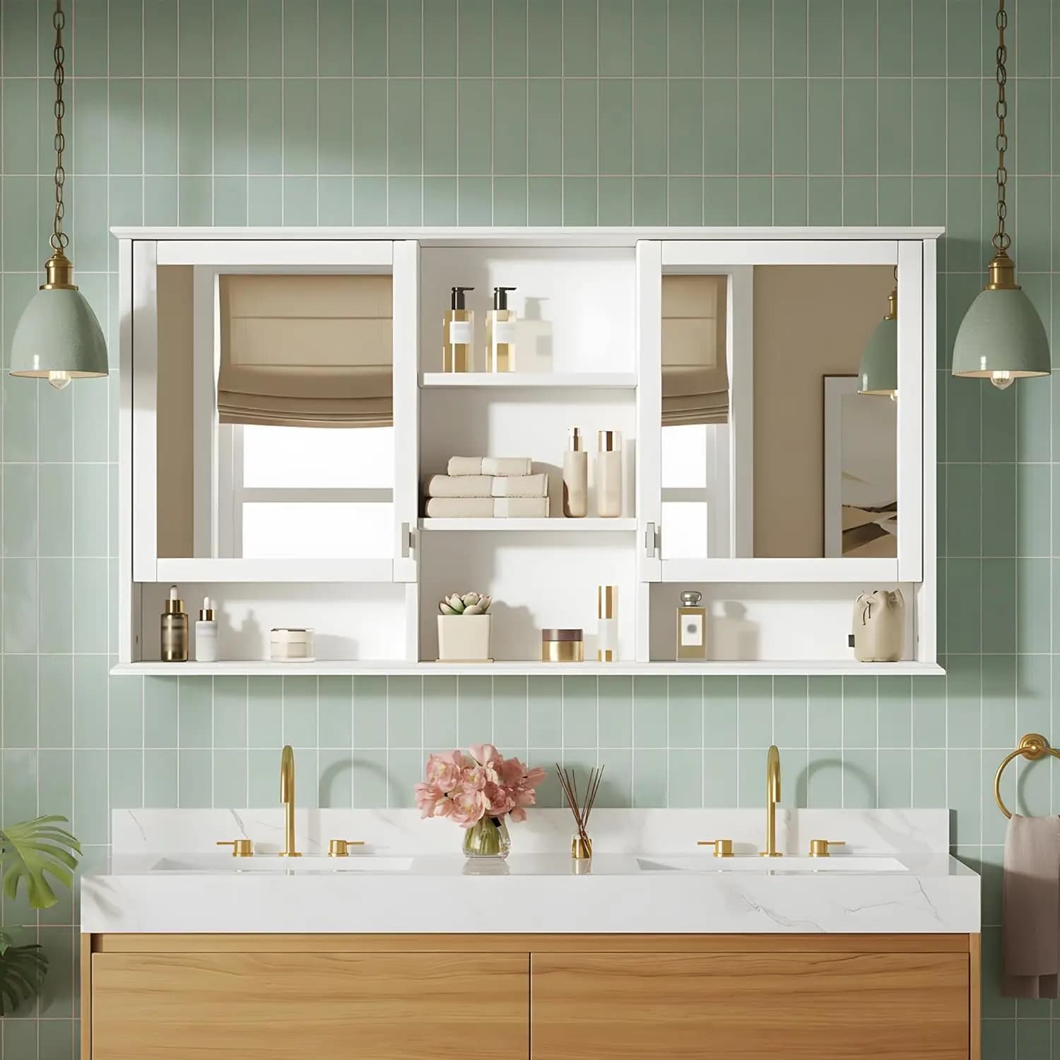 55"x28" Bathroom Medicine Cabinet with Mirror, Wall Mounted Bathroom Storage Organizer with 5 Open Shelves &, Customized