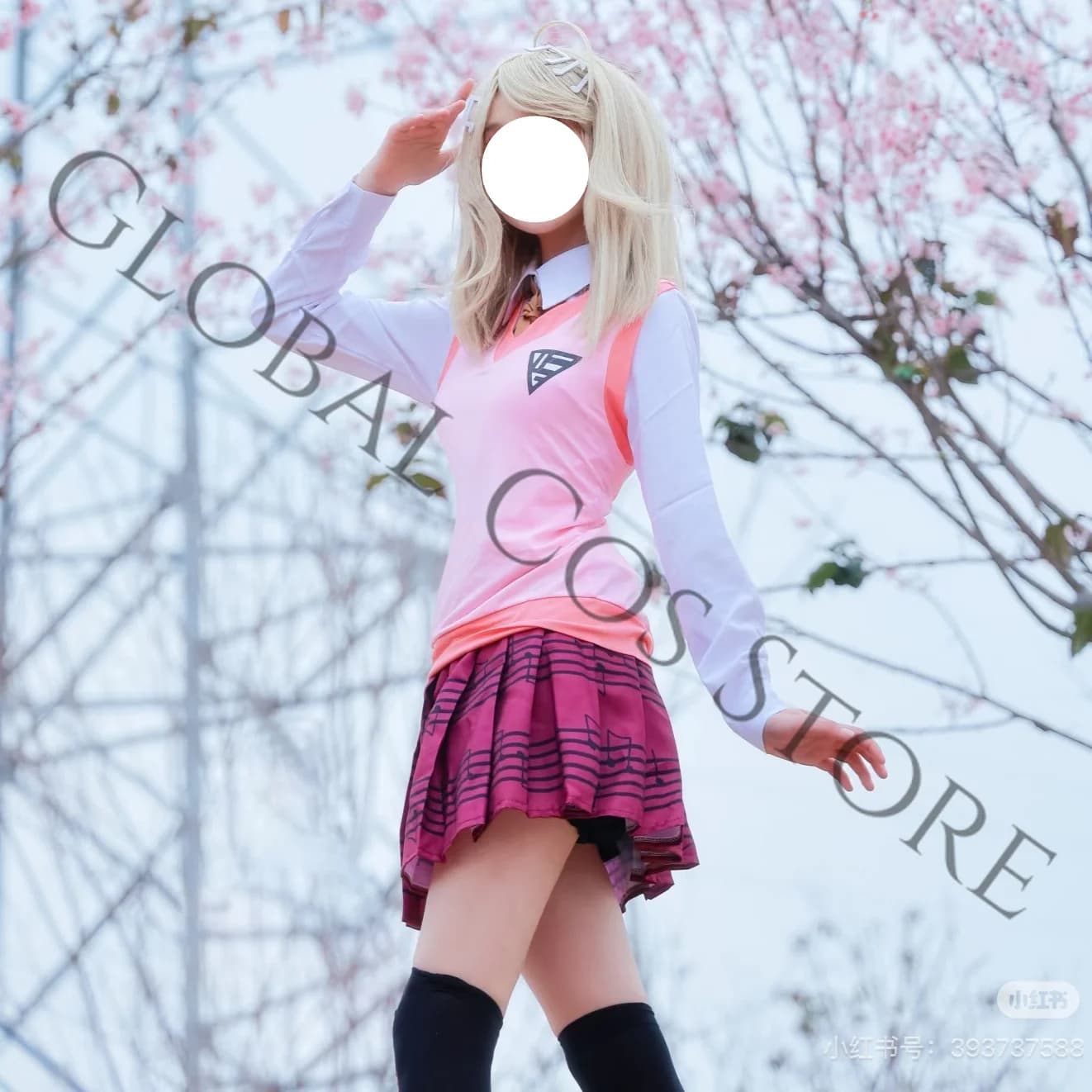 Kaede Akamatsu Pink JK Unifrom Cosplay Costume Set with Brown Tie Black Socks Tie and Wig Set for Comic Con Roleplay Danganronpa
