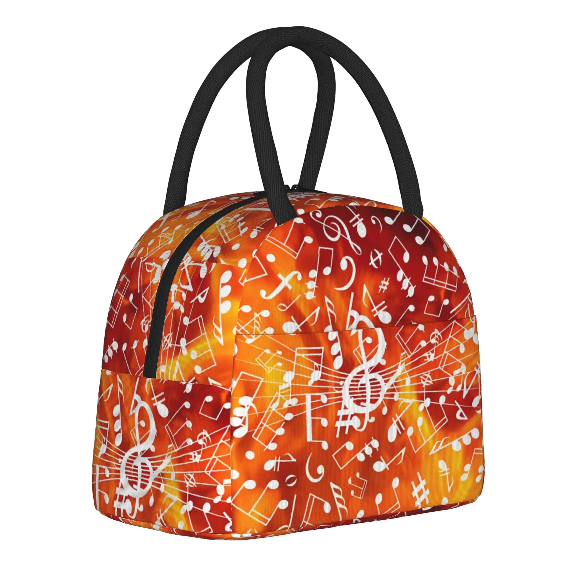 Borse termiche per il pranzo con motivo a fiamme e note musicali per pianoforte, borsa termica riutilizzabile, contenitore per il pranzo, borsa porta pranzo grande per uomini e donne