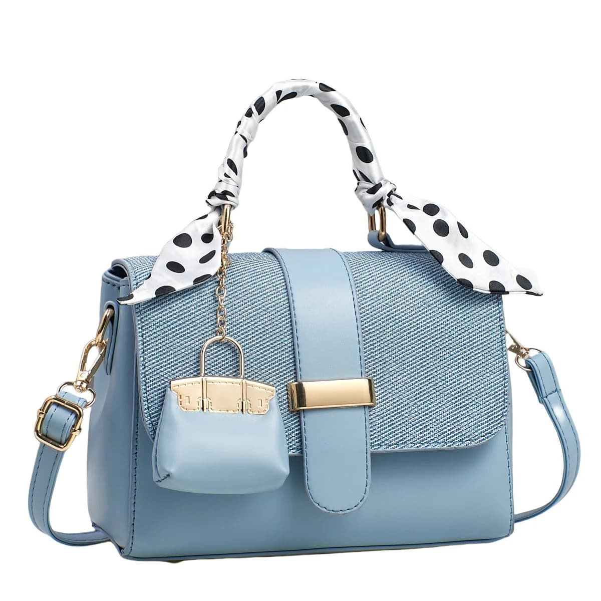 Borsa a Tracolla in Ecopelle da Donna con Foulard a Pois, Piccola Borsa Trendy per Uso Casual all'Aperto