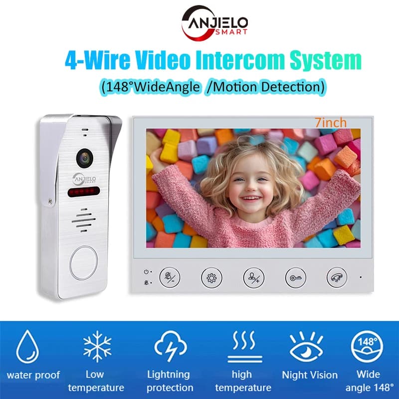 Campanello in metallo, impermeabile e resistente al freddo, campanello con sblocco per visione notturna domestica, sistema videocitofonico a 4 fili da 7 pollici