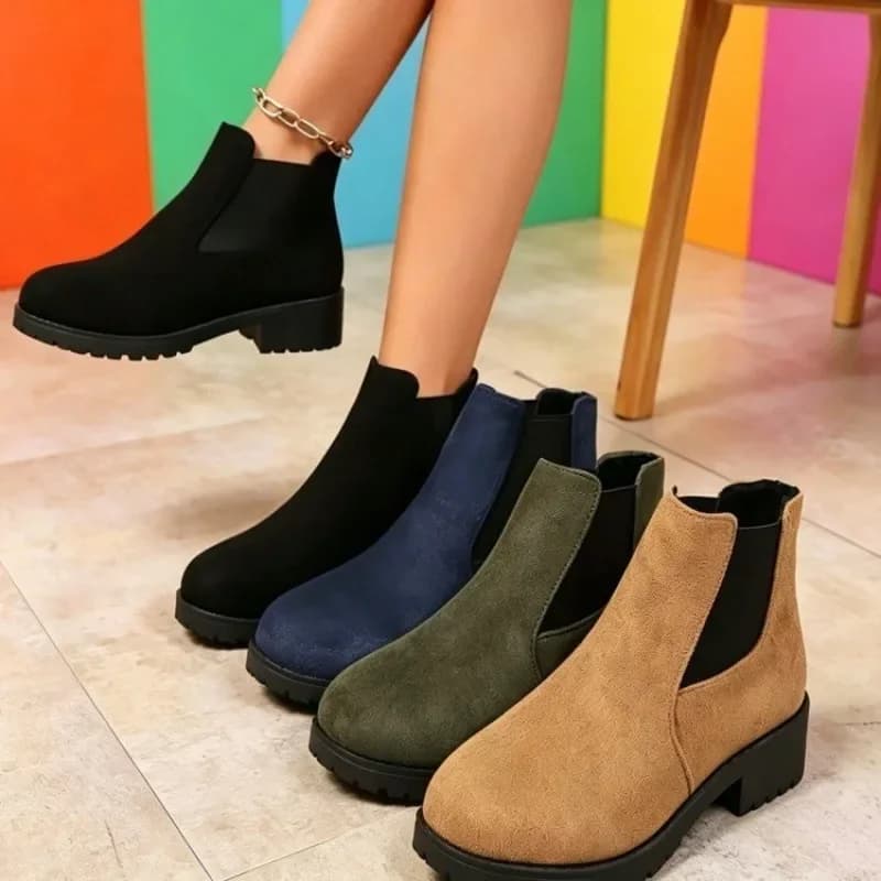 Women Round Toe Chelsea Boots Elastic Side Block Med Heel Anti-Slip Sole Slip on Vintage Autumn Winter Ankle Boots