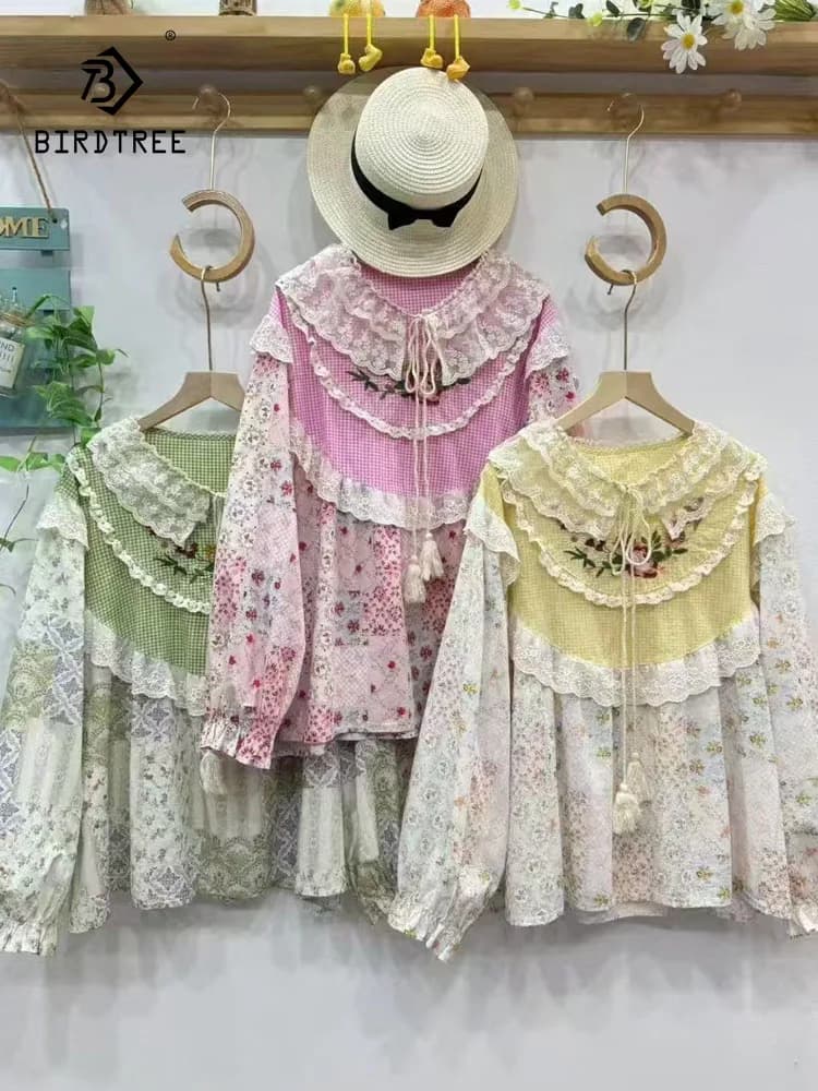 Nuova camicia a maniche lunghe in lino di cotone autunno 20225, pizzo ricamato con volant da donna, camicetta allentata per pendolari dolce Mori Girl T58555CC
