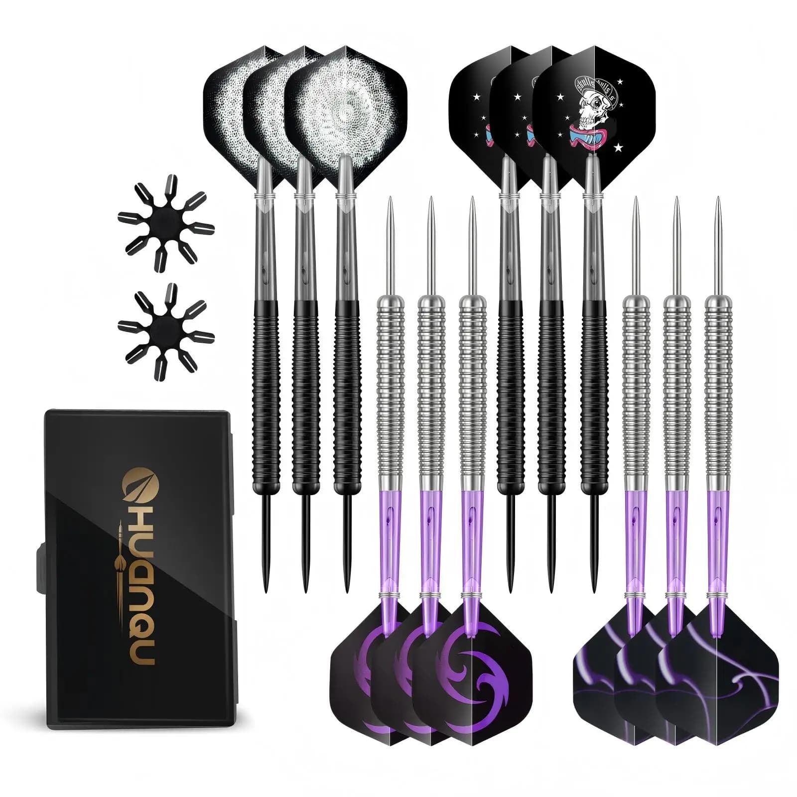 HUANQU 12Pcs 18g Iron Steel Tip Darts Set, Textured Grip, Printed Flights, Flight Protectors, Darts for Beginners