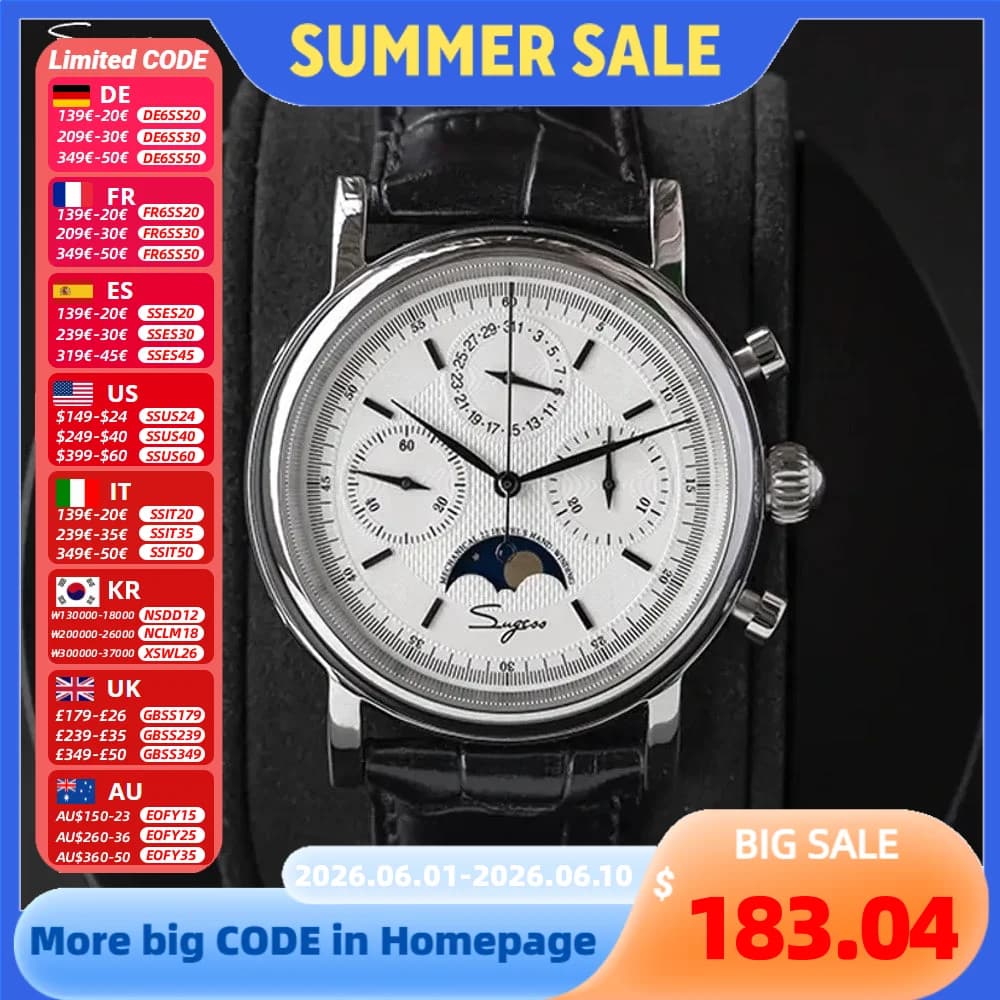 Orologio Meccanico da Uomo Originale ST1908 Sugess con Calendario, Cronografo, Fasi Lunari Vintage, Impermeabile