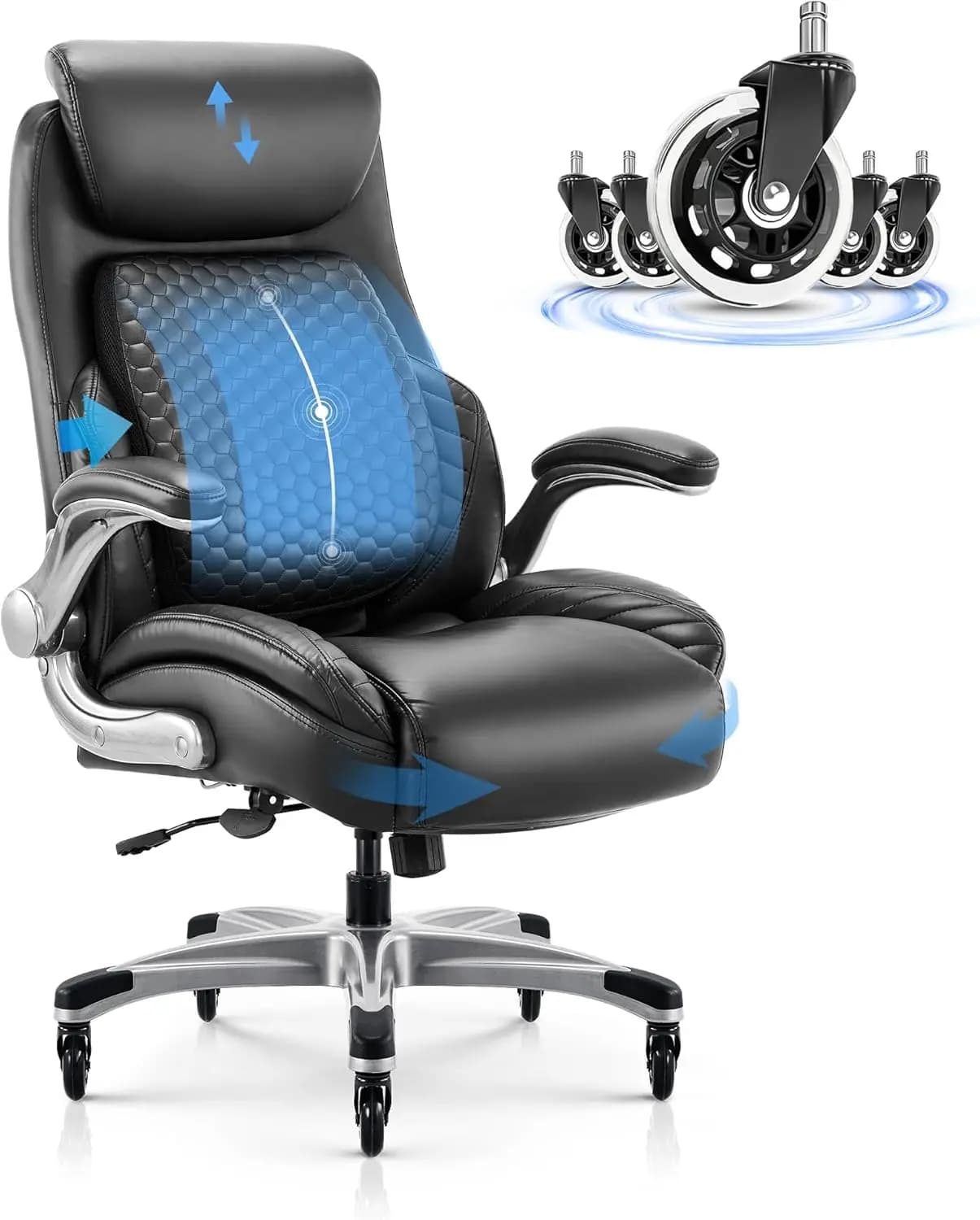 Sedia da ufficio direzionale ergonomica con supporto lombare regolabile, cuscino spesso e braccioli ribaltabili - Nera