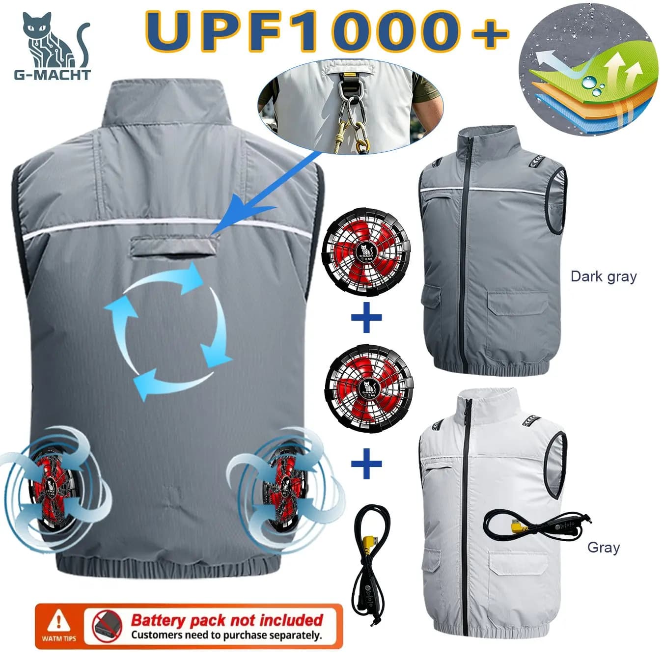 Gilet Rinfrescante con Cappuccio Estivo, Ricarica USB 5V 12V, Ventilatore, Abbigliamento Traspirante Senza Maniche per Sport all'Aperto e Viaggi