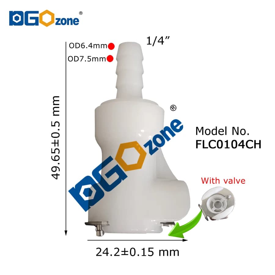 Giunti femmina da 1/4" Grande orifizio con valvola Connettore rapido in plastica da 5/16" Tubo di collegamento da 3/8" Connettore rapido maschio FL0104CH