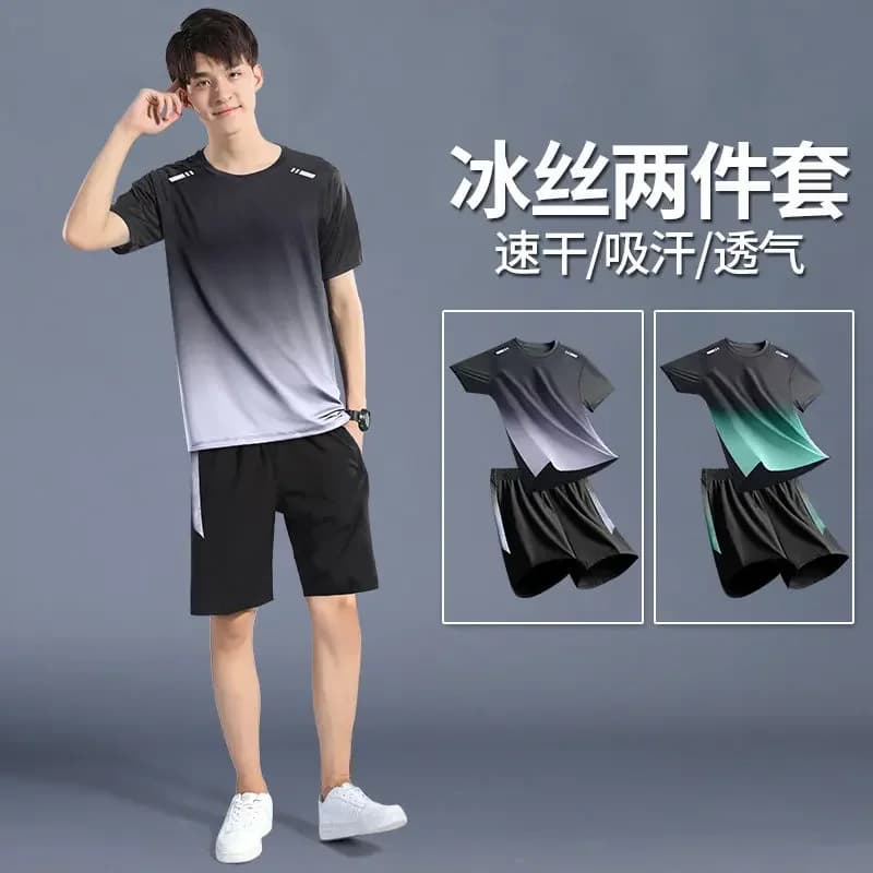 Completo Sportivo Estivo da Uomo in Seta Ghiaccio ad Asciugatura Rapida: T-Shirt a Maniche Corte e Pantaloncini per Corsa, Badminton, Basket e Palestra