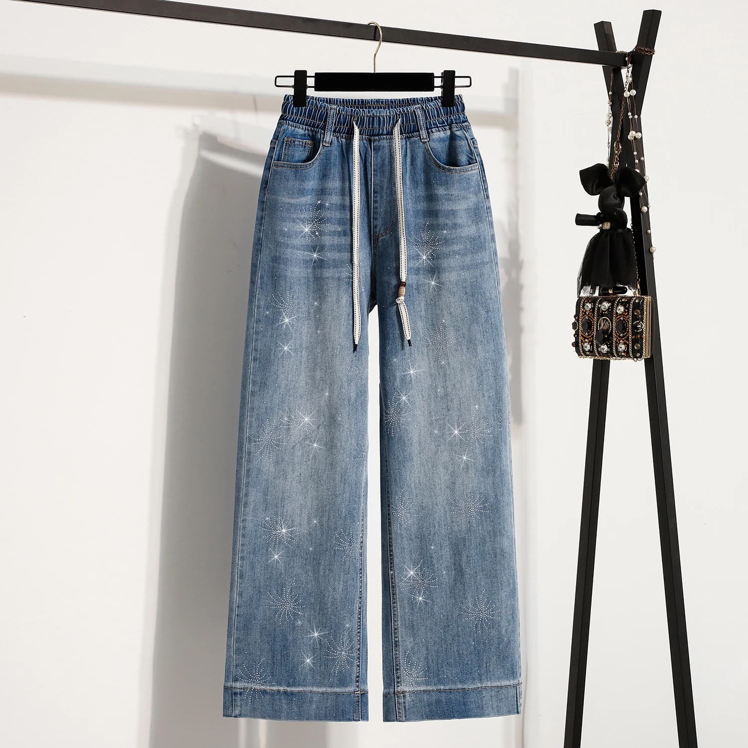 Casual Wide Leg Denim Jeans Cotton Washed Blue Adjustable Waist Elastic Band Conceal Belly Slimming Effect Natural Waist Long...