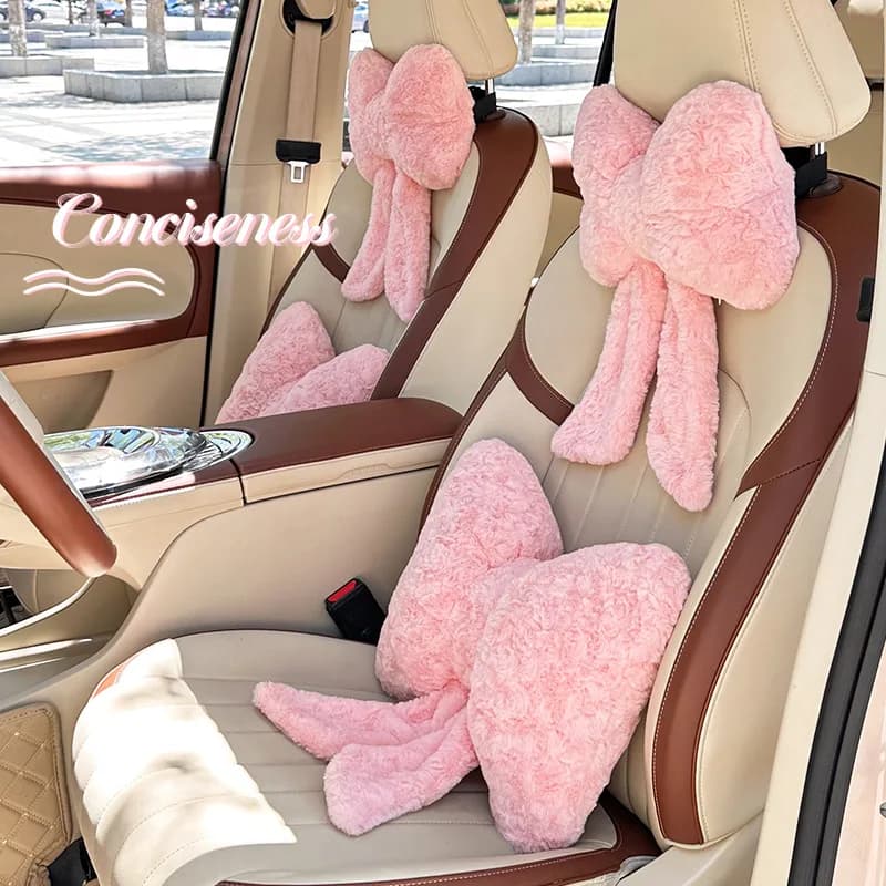 Cuscino poggiatesta per auto con fiocco Cuscino invernale caldo in peluche per collo e supporto lombare Cuscino per seggiolino auto regolabile universale per donna Interio