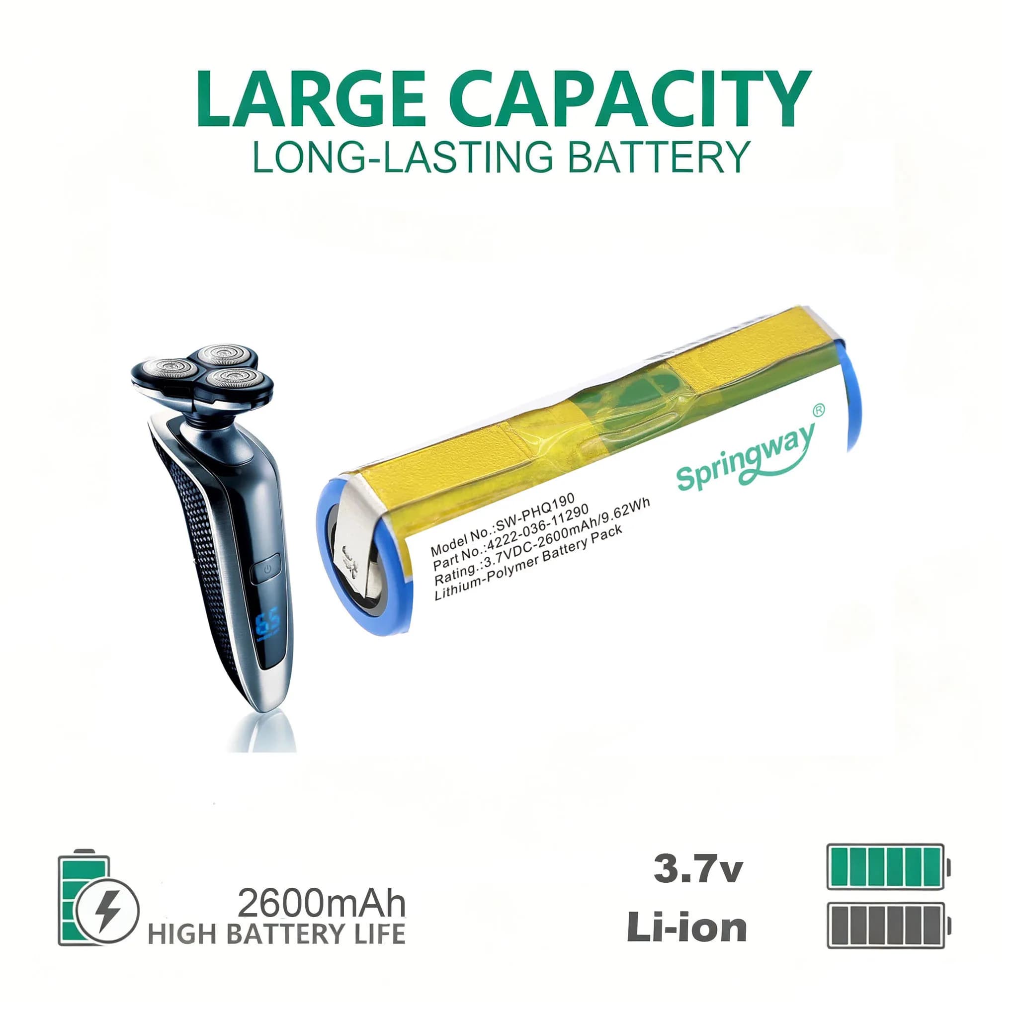 2600mAh Li-Polymer Replacement Battery Part 036-11290 Fits Philips Norelco Shaver & HX Electric Toothbrush Repair Pack