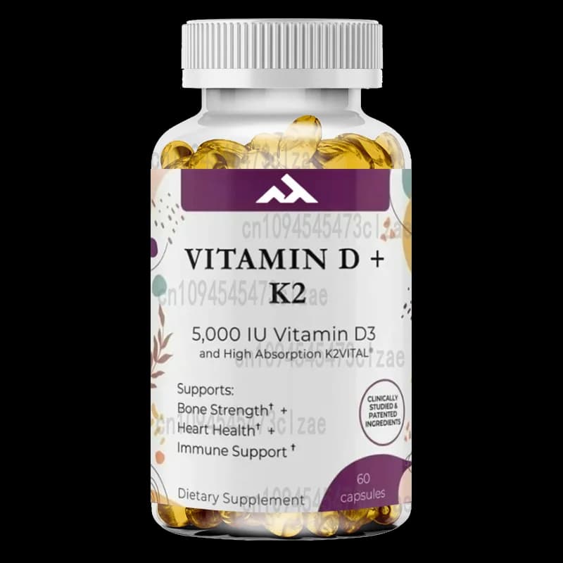 Vitamin D3+K2 vegetable supplement (MK7) for bone and heart health, not GMOs, 60 capsules