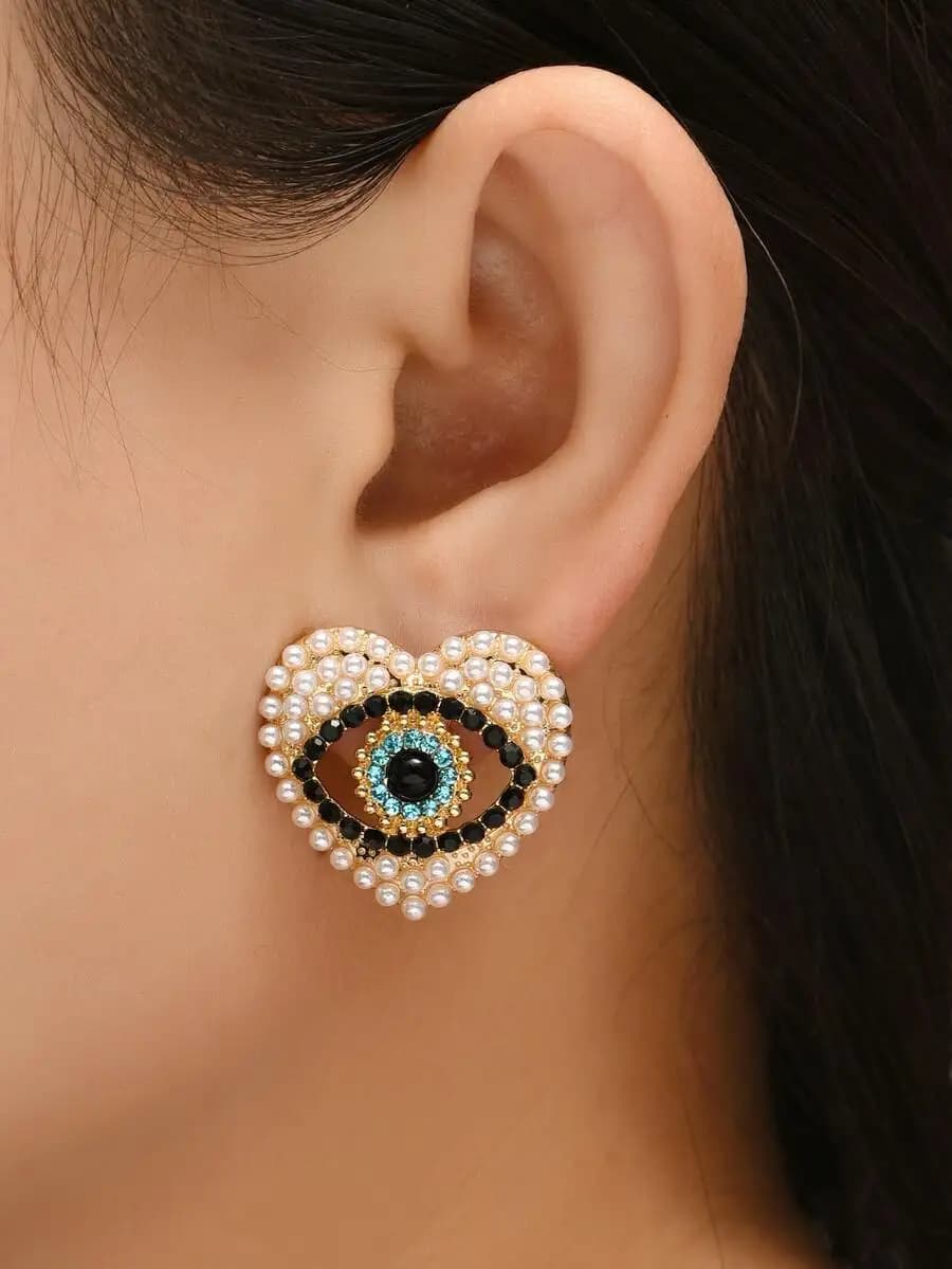 Heart Shape Evil Eye Pearl Rhinestone Stud Earrings For Women