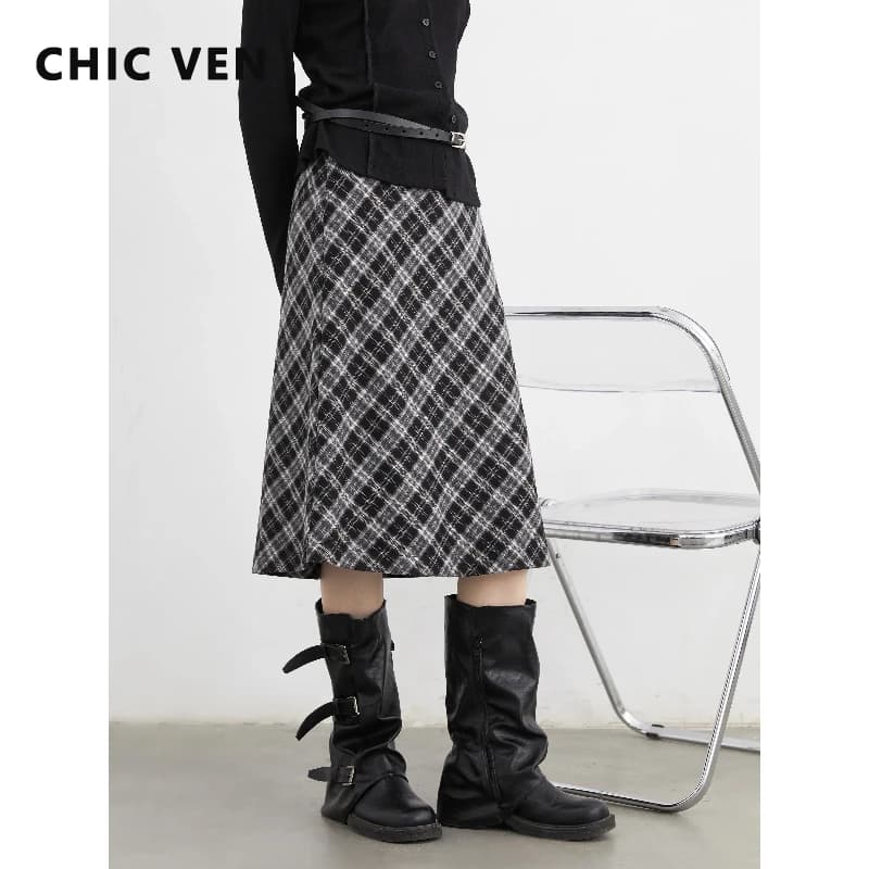 CHIC VEN Gonne scozzesi da donna Allentate Casual A-line Vita alta Hip Gonna da donna di media lunghezza Primavera Autunno 2025