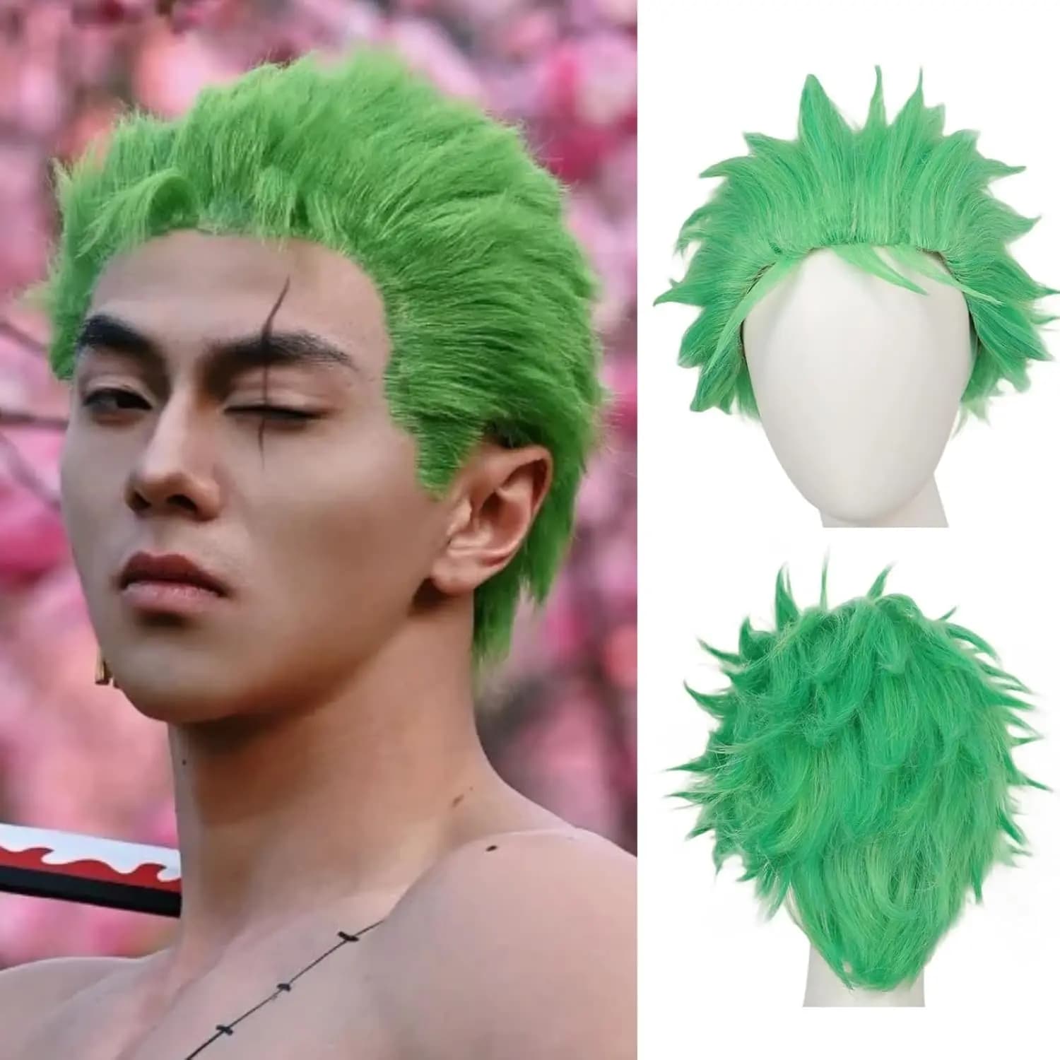 Parrucche corte verdi per uomo Parrucca verde erba chiara Parrucca Zoro Ragazzi Parrucche sintetiche resistenti al calore per feste di Halloween
