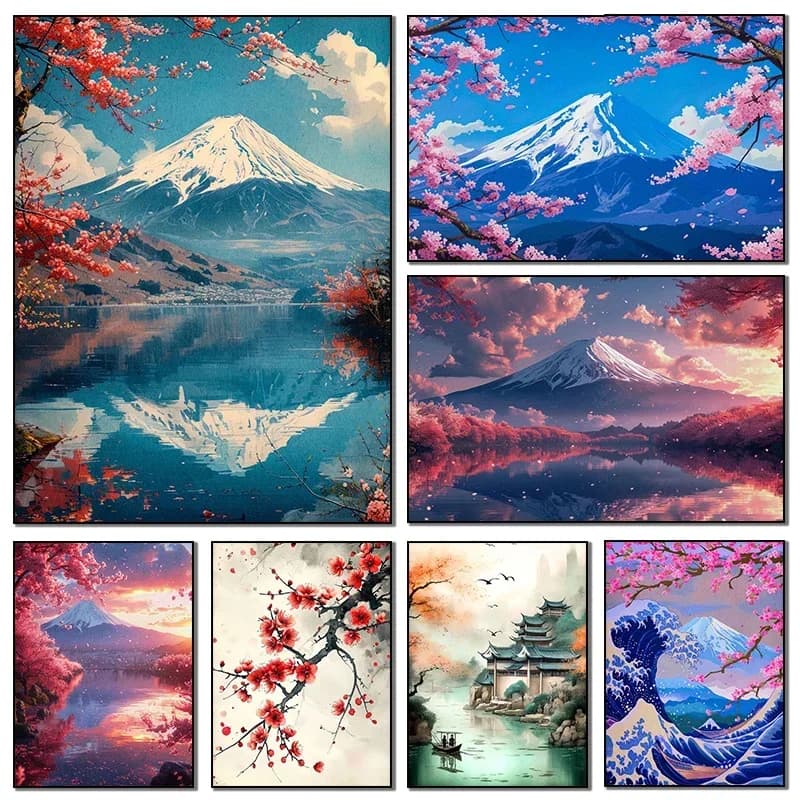 Quadri da parete giapponesi con pittura a diamante, dipinti per interni camera da letto, fiori di ciliegio, paesaggio alba, Monte Fuji per soggiorno e decorazioni per la casa